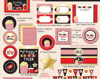 Puede incluir: Una colección de artículos de fiesta imprimibles con temática de cine en colores rojo, negro, blanco y dorado. Incluye un letrero de 8x10, letreros de 5x7, tarjetas de mesa, etiquetas, papel estampado, envoltorios para botellas y una guirnalda.