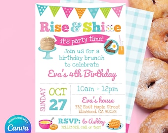 Rise and Shine Kids Birthday Breakfast Brunch Party Invitation - Pancakes, Bacon, Eggs, Waffles - Printable, Instant Download, Edit in Canva