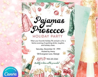 Uitnodiging kerstfeest pyjama en prosecco, aquarel kerst pyjama's prosecco kerstfeest uitnodiging, personaliseren en bewerken in canvas