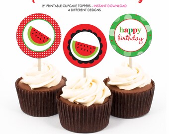 Red and Green Watermelon Birthday Party - Printable 2 inch round Cupcake Toppers - Instant Download PDF File