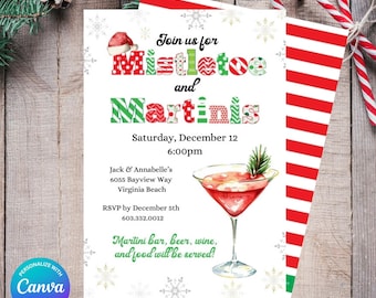 May include: A festive invitation for a holiday party with the text "Join us for Mistletoe and Martinis". The invitation includes a watercolor illustration of a martini glass and candy canes. The invitation is editable on Canva.