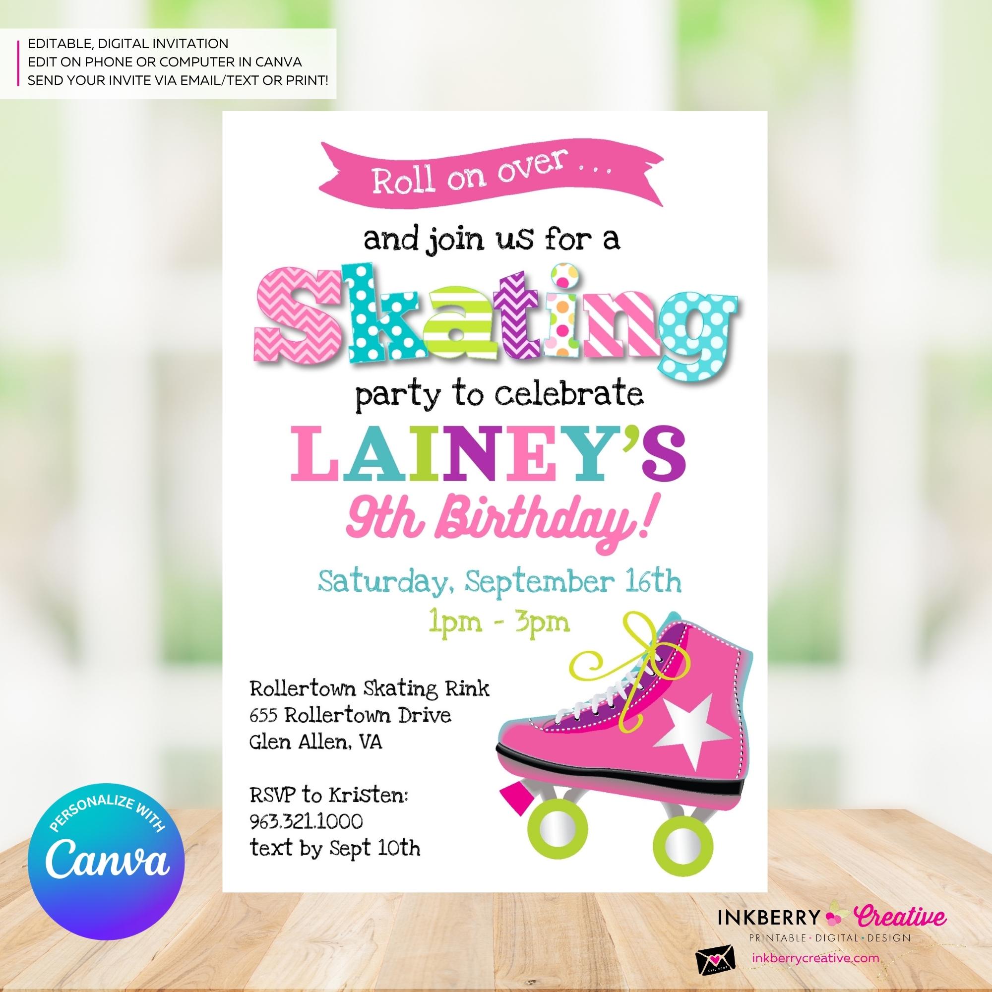 Editable Roller Skating Birthday Party Invitation - Girls Roller Skate  Party Invite, Pink, Roller Skating Rink Invite, Edit in Canva - Etsy New  Zealand, image size:2000x2000