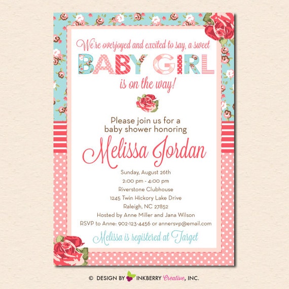 Shabby Chic - Vintage Roses & Patterns - Floral Baby Shower Invitation (Digital File - Printed Cards Also Available) Il_570xn