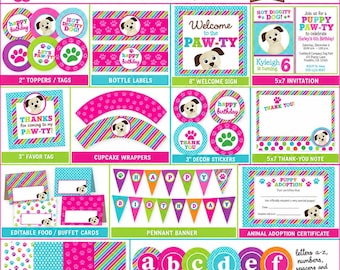 May include: A puppy birthday party printable set featuring a colorful theme with paw prints, dog illustrations, and text including Puppy Birthday Paw-Ty, Welcome to the Paw-Ty, and Thank You. Includes cupcake wrappers, banners, and labels.