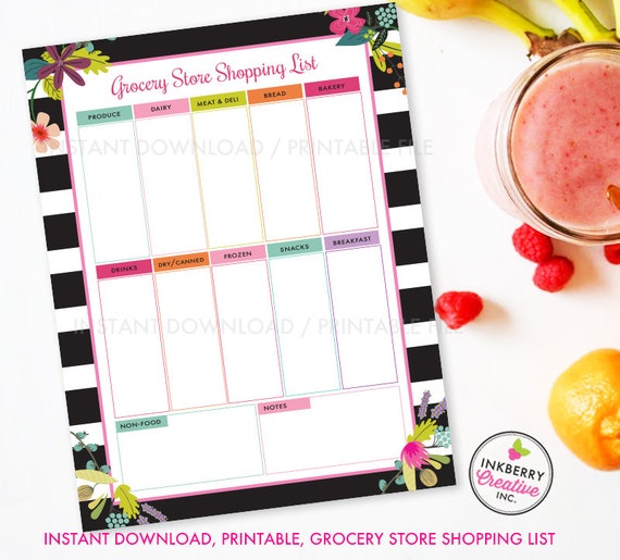 Printable Grocery Store Shopping List, Instant Download, PDF, Meal Planning, Grocery List, Weekly Grocery Store, Black White Stripe Floral Il_570xn