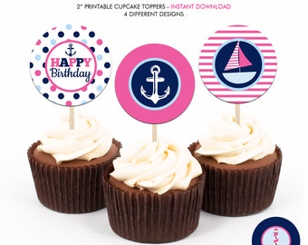Girl's Nautical Birthday Party - Printable 2 inch round Cupcake Toppers - Instant Download PDF File