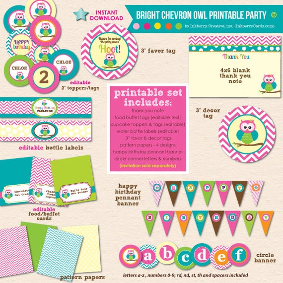 Bright Chevron Owl Birthday Party - DIY/Printable Complete Party Pack - INSTANT DOWNLOAD! Il_570xn