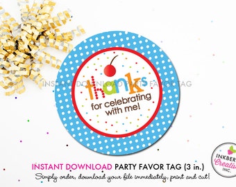 Cherry on Top Ice Cream Sundae Party (Blue) - Printable 3 inch Birthday Party Favor Tags - Instant Download PDF File