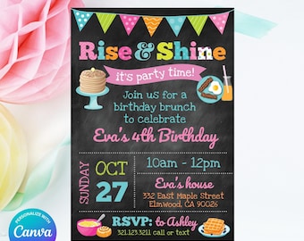 Girls Rise and Shine Brunch Birthday Invitation (Chalkboard) - Editable in Canva