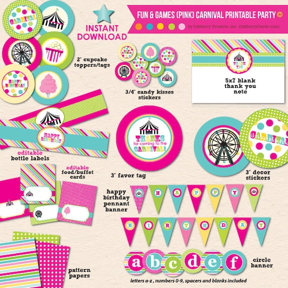 Girl's Carnival Birthday Party (Pink/Aqua) - DIY/Printable Complete Party Pack- Instant Download PDF File Il_570xn