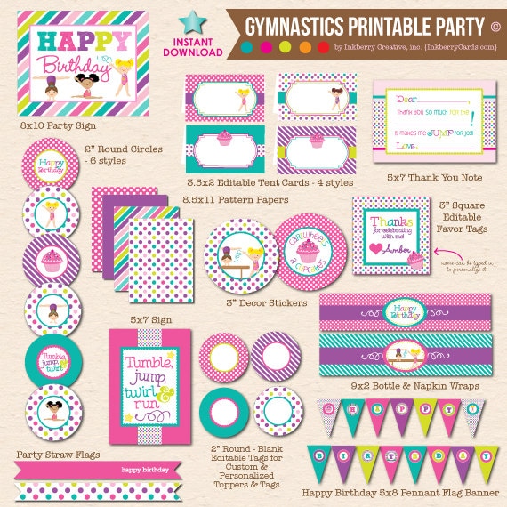Cartwheels & Cupcakes Girls Gymnastics Birthday Printable Party - INSTANT DOWNLOAD! Il_570xn
