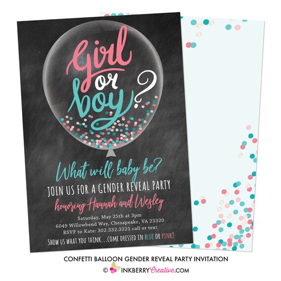 Confetti Balloon Gender Reveal Party Invitation - Chalkboard, Pink, Blue, Aqua, Baby Reveal Balloon - Digital File OR Printed on Cardstock Il_570xn