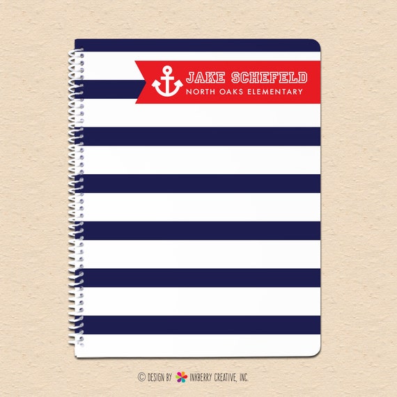 Navy & Red Nautical Stripe - Personalized, Custom Spiral Notebook Il_570xn