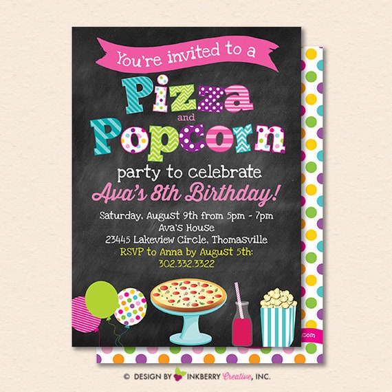 Pizza and Popcorn Party Invitation - Pizza Party Invite - Popcorn Party Invitation - Chalkboard - Printable, Instant Download, Editable, PDF Il_570xn