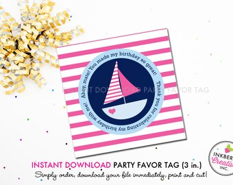 Nautical Sailboat (Pink and Navy) - Printable 3 inch Square Birthday Party Favor Tags - Instant Download PDF File