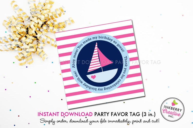 Nautical Sailboat Pink and Navy Printable 3 inch Square Birthday Party Favor Tags Instant Download PDF File image 1