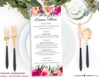 Bright Colorful Watercolor Floral Wedding Menu - Printable, Editable, Menu Cards - Instant Download, Editable PDF File, Print Your Own
