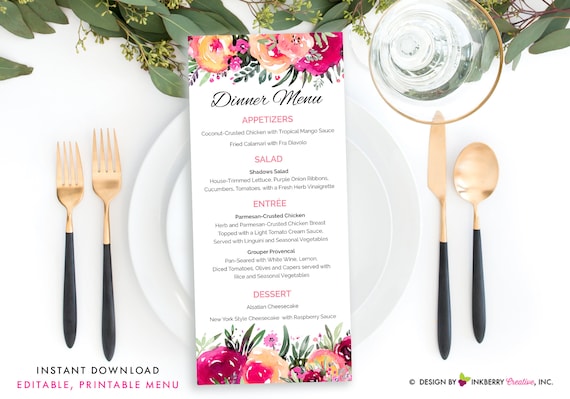 Bright Colorful Watercolor Floral Wedding Menu - Printable, Editable, Menu Cards - Instant Download, Editable PDF File, Print Your Own Il_570xn
