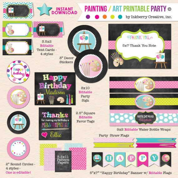 Painting / Art Theme Birthday Party (Chalkboard Style) - DIY Printable Party Pack - INSTANT DOWNLOAD! Il_570xn