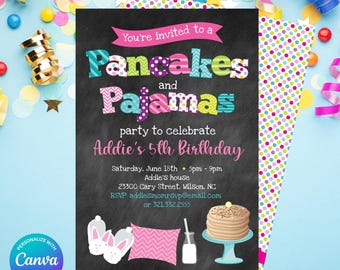 Pfannkuchen und Pyjama-Einladung - Pfannkuchen-Pyjama-Einladung - Pfannkuchen-Geburtstagsfeier - Tafel - Bearbeiten in Canva