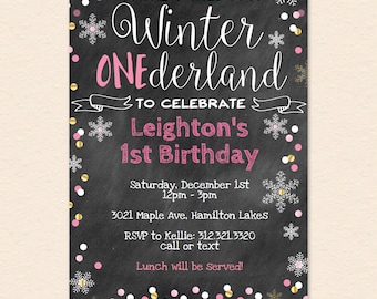 Winter One-derland 1st Birthday Invitation, Winter Wonderland First Bday Invite, Snowflake, Chalkboard - Digital, Printable, Editable PDF