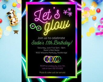 Neon Glow Party Invitation - Let's Glow Party Invite, Glow in the Dark, Roller Skate, Printable, Instant Download, Editable, PDF