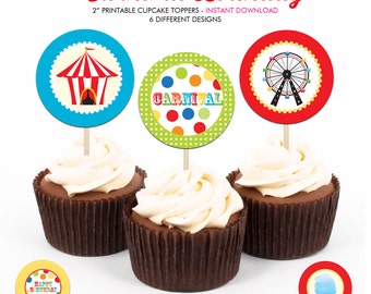 Festa di compleanno di carnevale per bambini - Topper cupcake stampabili rotondi da 2 pollici - File PDF con download istantaneo