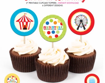 Kids Carnival Birthday Party - Printable 2 inch round Cupcake Toppers - Instant Download PDF File