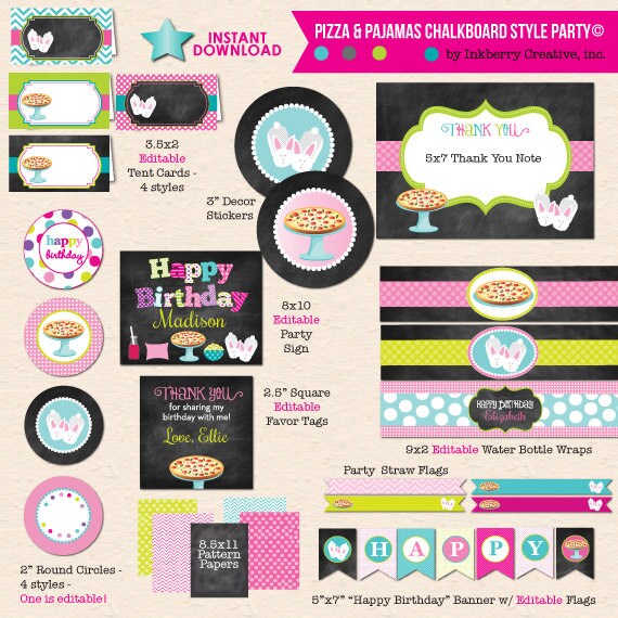 Pizza & Pajamas (Chalkboard and Bunny Slippers Style) Birthday - DIY Printable Party Pack - INSTANT DOWNLOAD! Il_570xn