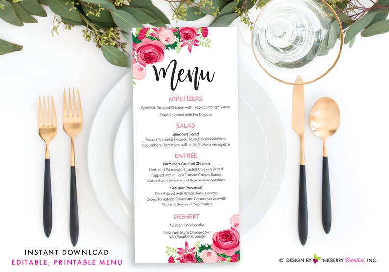 Bright Pink Floral Wedding Menu Printable, Editable, Menu Cards Instant Download, Editable PDF File, Print Your Own image 1