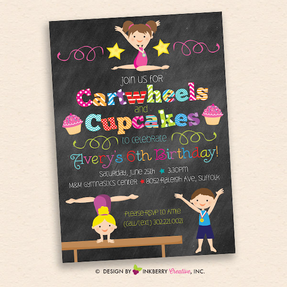Cartwheels & Cupcakes Boy Girl Gymnastics Birthday Party Invitation - Chalkboard Style with Boy and Girl Gymnasts - Custom Colors, Gymnasts Il_570xn