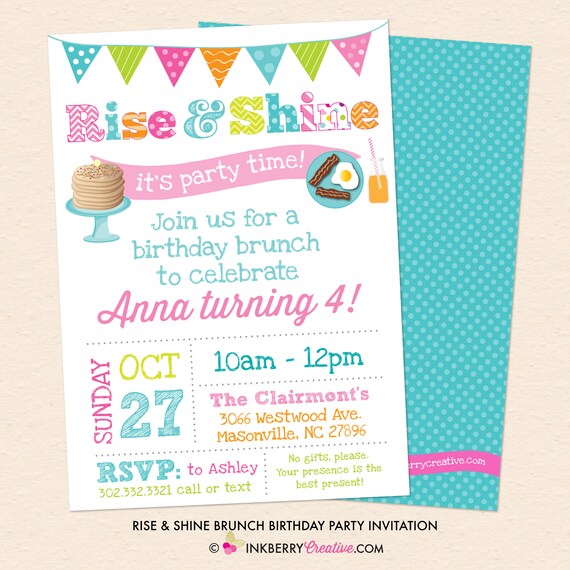 Rise and Shine - Kids Birthday Breakfast Brunch Party Invitation - Pancakes, Bacon, Eggs, Orange Juice - Digital File OR Printed Cardstock Il_570xn