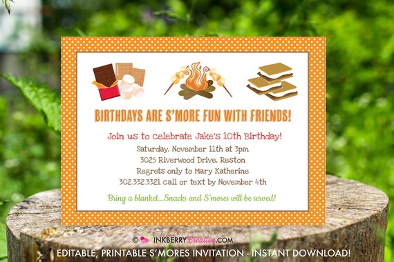 S'mores Birthday Party Invitation - Instant Download, Editable, PDF - Edit in Adobe Reader - S'mores Party, S'more Fun with Friends Invite Il_570xn