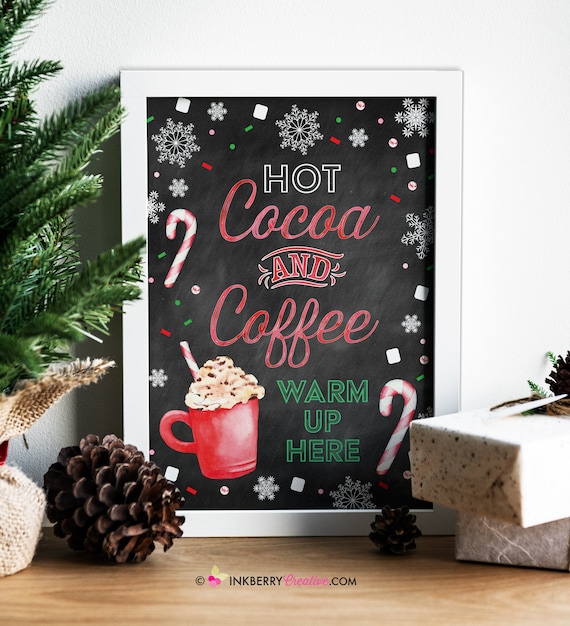 Hot Cocoa and Coffee Bar, Warm Up Here, Printable Sign - Chalkboard Christmas Hot Chocolate and Coffee Bar, 8x10 Digital File Il_570xn