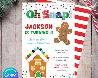 May include: A gingerbread house and gingerbread man themed birthday invitation for a child turning four. The invitation is decorated with colorful confetti and has the text "Oh Snap! Jackson is turning 4. Join us for a sweet celebration!"  The invitation includes the date, time, address, RSVP information, and contact information.