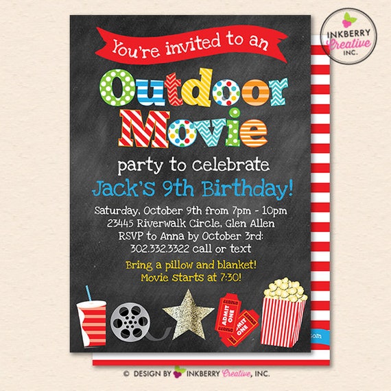 Outdoor Movie Party Invitation - Boys, Primary, Popcorn, Outside Movie Party - Chalkboard - Printable, Instant Download, Editable, PDF Il_570xn