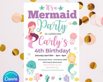 Mermaid Birthday Party Invitation, Under the Sea, Ocean, Beach