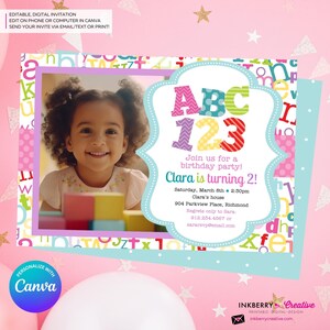 Alphabet Birthday Party Photo Invitation Girls - Alphabet Theme Party Invite - Girl ABC Birthday Party - Personalize and Edit in Canva