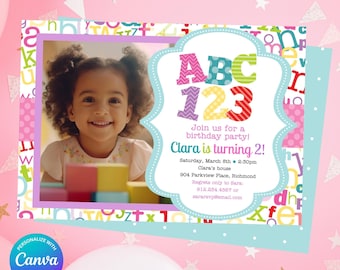 Alphabet Birthday Party Photo Invitation Girls - Alphabet Theme Party Invite - Girl ABC Birthday Party - Personalize and Edit in Canva
