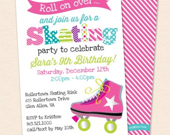 Rolschaatsen verjaardag uitnodiging voor feest - rolschaats, rolschaatsen, meisjes skate partij uitnodigen, afdrukbaar, Instant Download, bewerkbaar, PDF