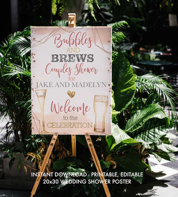 Printable, Editable, Welcome Sign, Bubbles and Brews Couples Shower, Bridal Shower, 20x30 Welcome Sign, Instant Download, DIY, Digital File Il_570xn