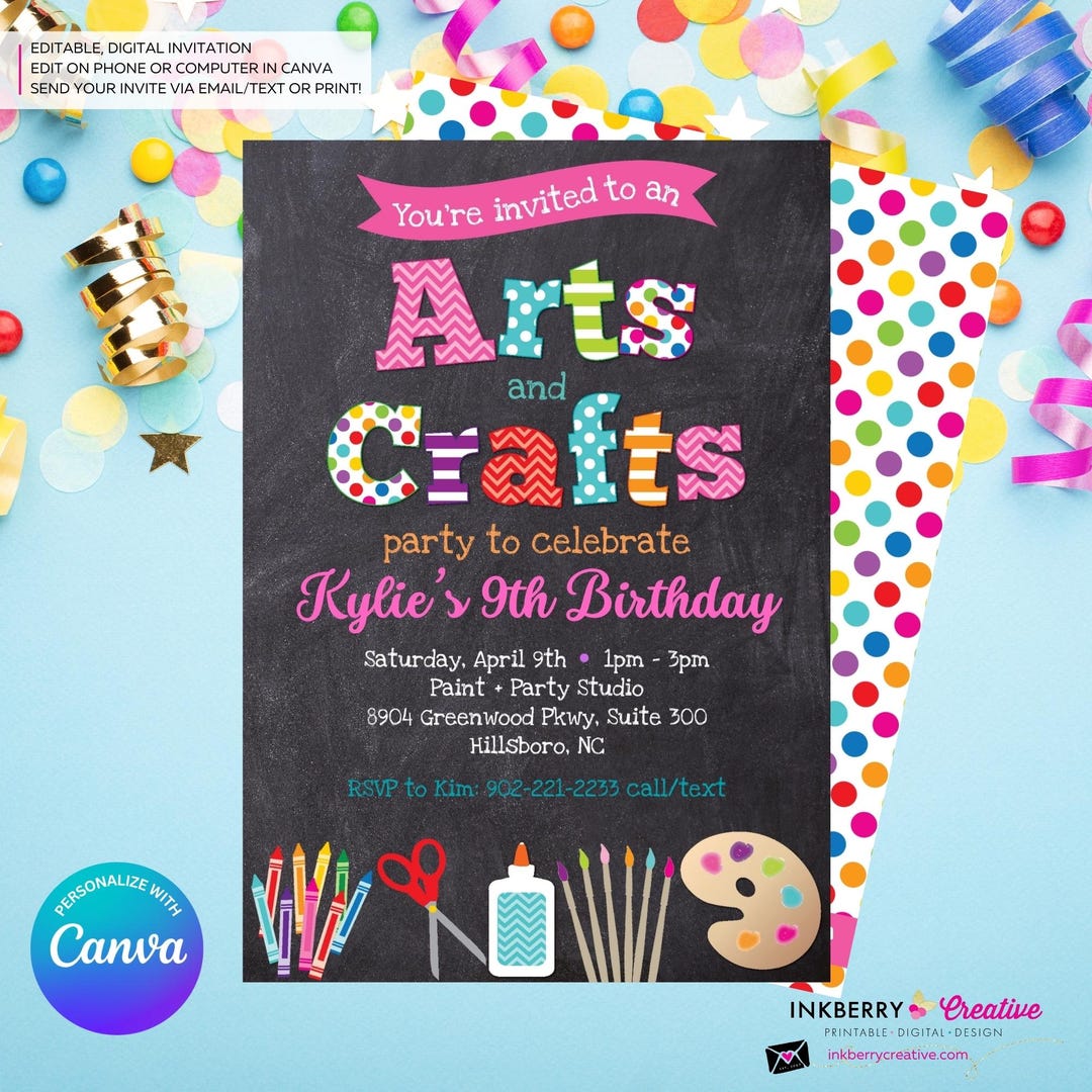 Arts and Crafts Birthday Party Invitation - Kids Arts Crafts Painting ...