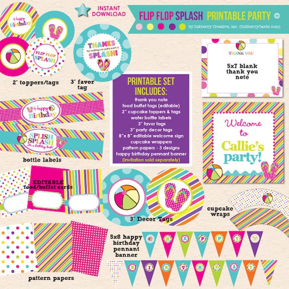 Flip Flop Splash Birthday Party - DIY Printable Party Pack- Instant Download PDF File Il_570xn
