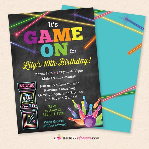 Game On - Arcade Games, Laser Tag, Bowling Birthday Party Invitation - Girls Arcade Game Party - Printable, Instant Download, Editable, PDF Il_570xn