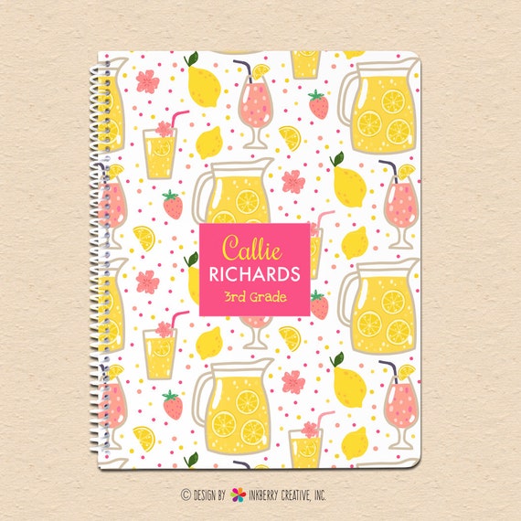 Strawberry Lemonade Pink Yellow Summer Fruit Cute Personalized, Custom Spiral Notebook - Wide Ruled Notebook for Kids, Lemons, Strawberries Il_570xn