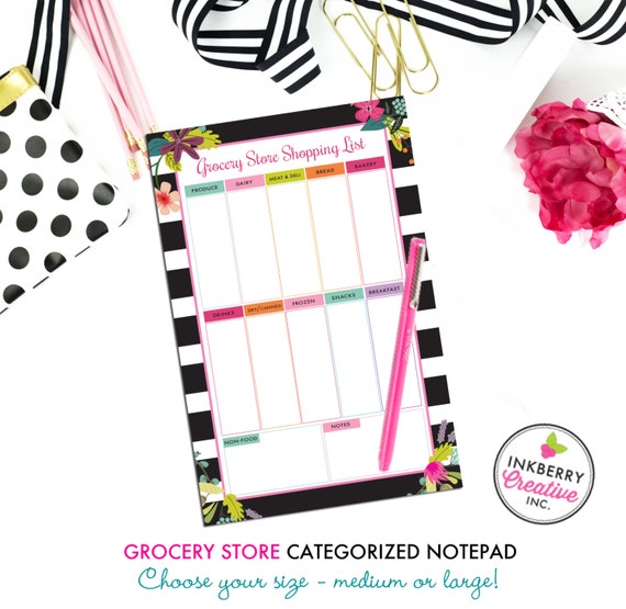 Grocery List Notepad - Black White Stripe Floral - 2 Sizes Available - Medium or Large - Text can be customized! Il_570xn