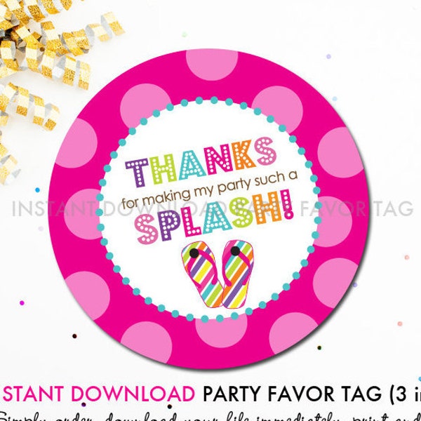 Flip Flop Splash Pool Party (Pink) - Printable 3 inch Birthday Party Favor Tags - Instant Download PDF File