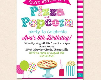 Pizza and Popcorn Party Invitation - Pizza Party Invite - Popcorn Party Invitation - Printable, Instant Download, Editable, PDF