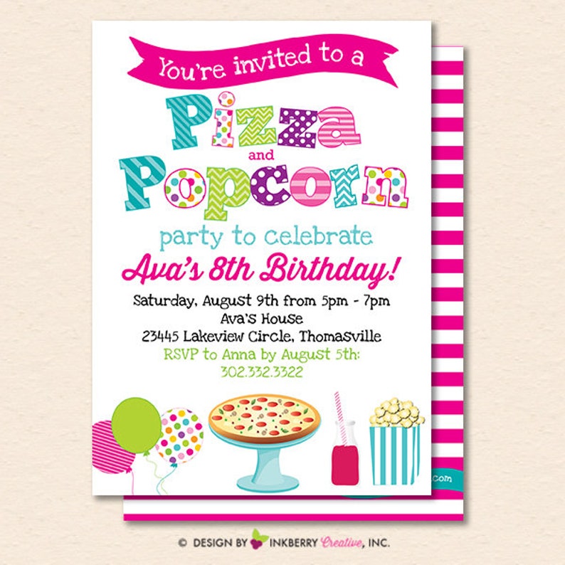 Pizza And Popcorn Party Invitation Pizza Party Invite Etsy