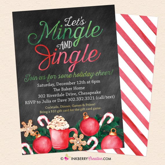 Christmas Party Invitation - Mingle Jingle, Painted, Watercolor Chalkboard Holiday Party - Digital Printable File OR Printed Cardstock Cards Il_570xn
